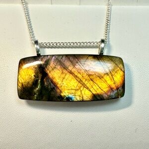 Stunning flashy, Labradorite pendant on sterling Chain. Minimalist
